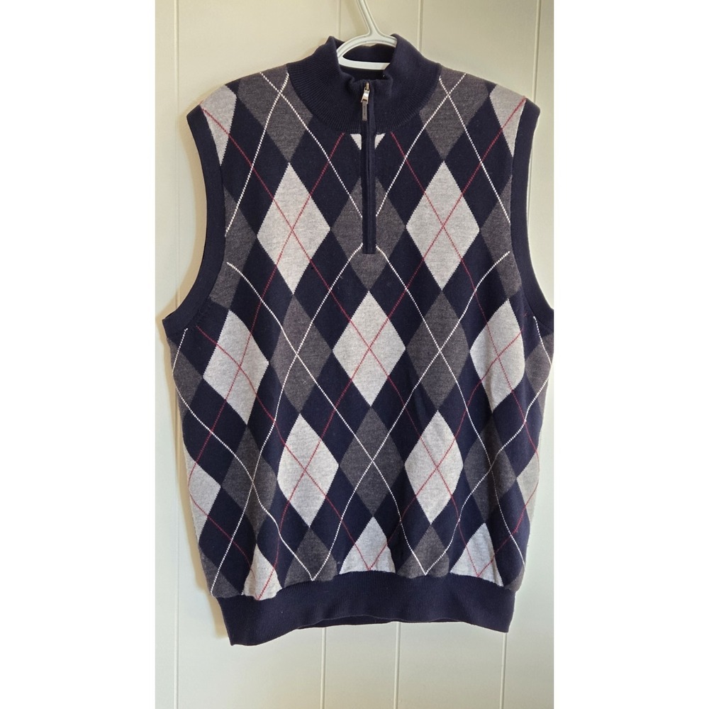 Fairway & Greene Merino Wool Sweater Vest Mens Large Quarter Zip Argyle Golf Top